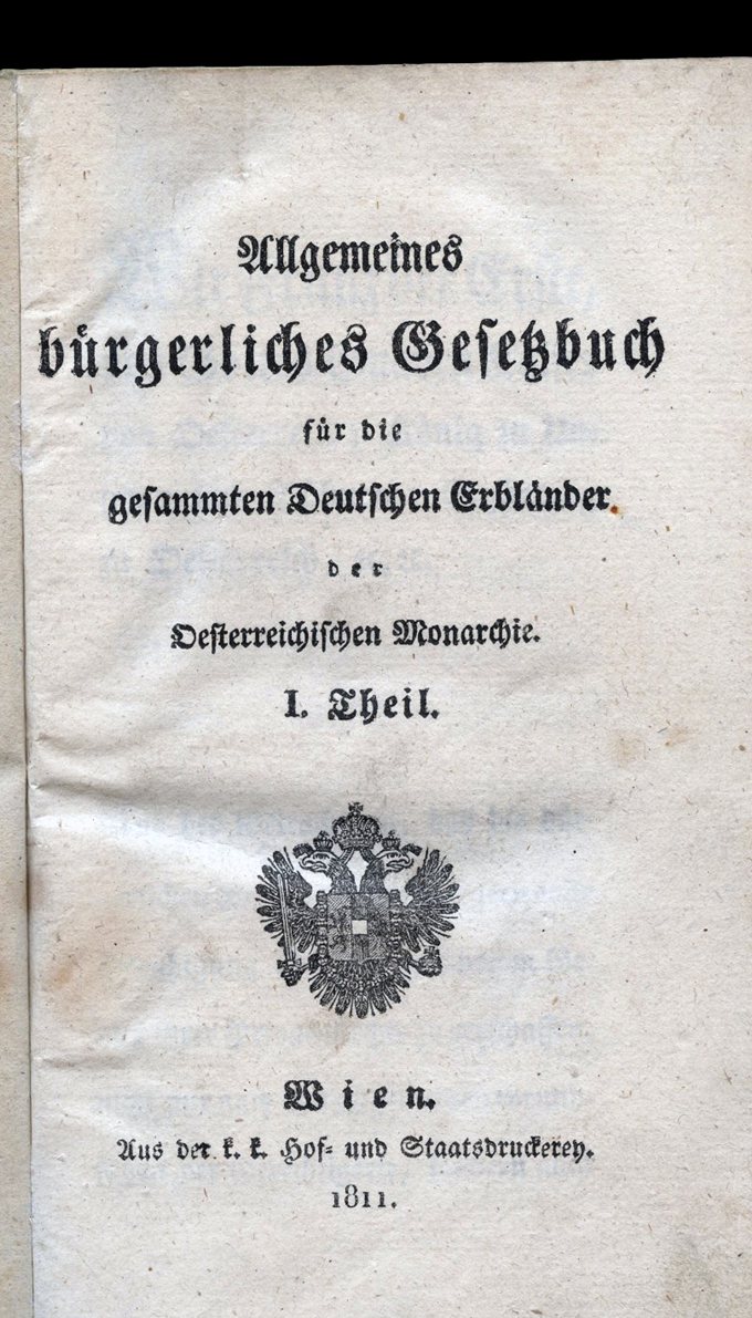 Titulný list prvého dielu Všeobecného občianskeho zákonníka z roku 1811