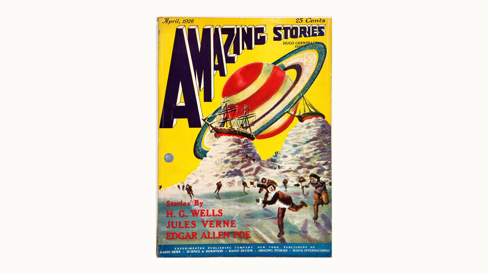 Obálka časopisu Amazing Stories z apríla 1926 s planétou a plachetnicou nad ľadovou krajinou