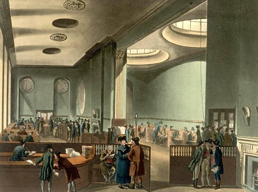 Kolorovaná rytina sály Lloyd's z roku 1809, upisovatelia pri stoloch a hodiny na stene