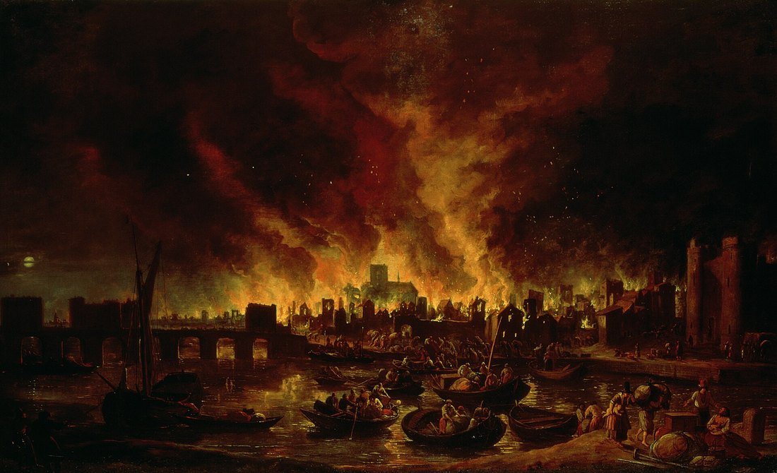 Obraz veľkého požiaru Londýna v roku 1666, horiace mesto za Temžou a člny s utečencami