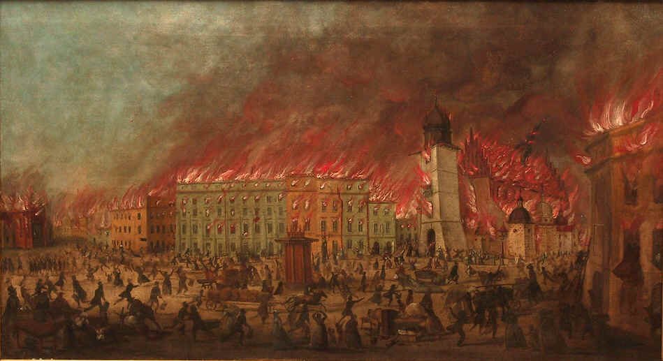 Obraz požiaru Krakova v júli 1850 s horiacimi domami na Hlavnom rynku
