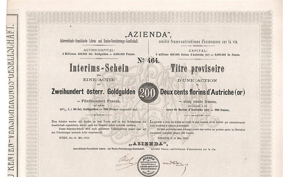 Akciový list spoločnosti Azienda Assicuratrice z roku 1882