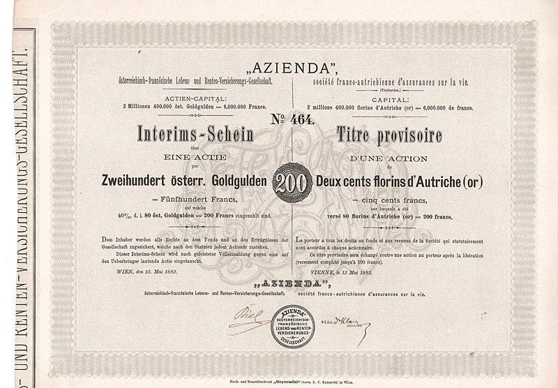 Dočasný list na akciu spoločnosti Azienda z roku 1882