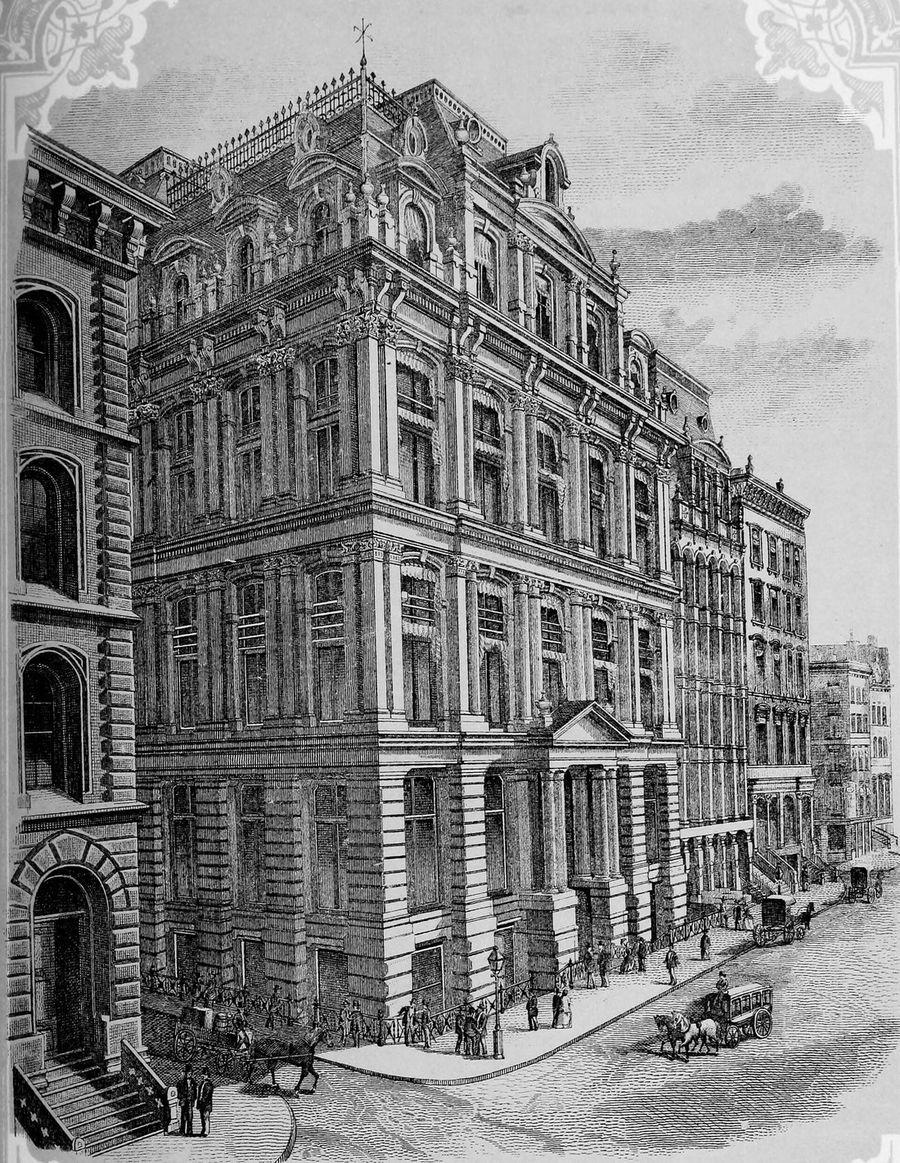 Kresba budovy Equitable Life Assurance Society na newyorskej Broadwayi z roku 1870