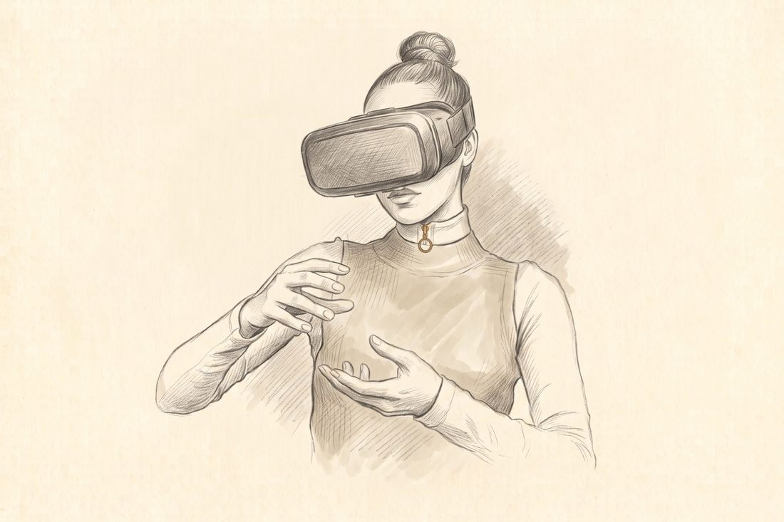 Kresba ceruzou: žena vo virtuálnej realite