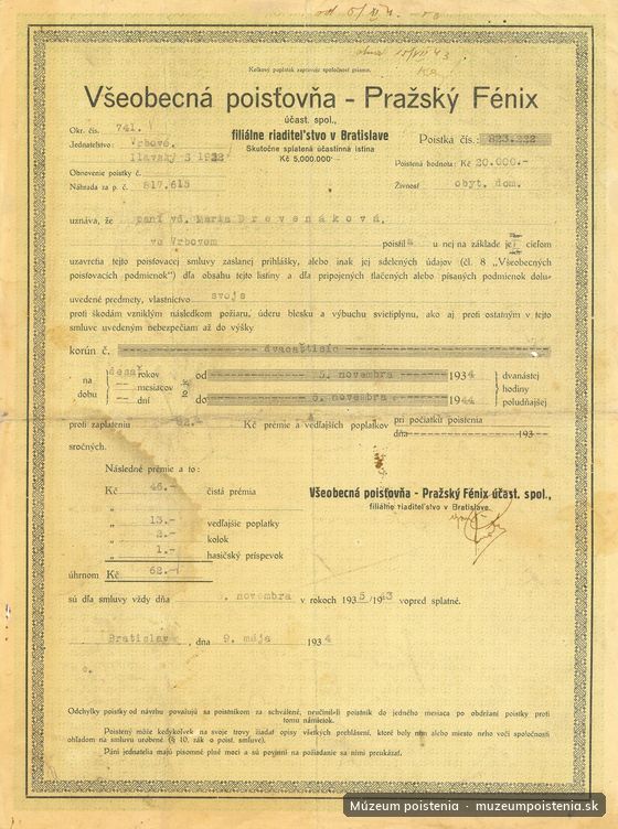 Poistná zmluva spoločnosti Všeobecná poisťovňa – Pražský Fénix vystavená 9. mája 1934 v Bratislave.