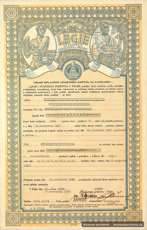 Životná poistka poisťovne Légie v Prahe, vystavená 26. júna 1933. Poistná suma 5000 Kč, splatná v roku 1947 al