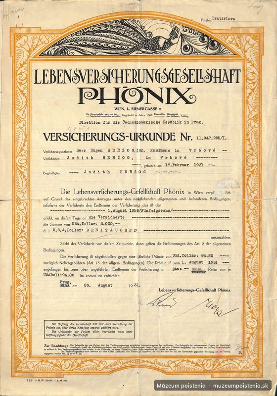 Životná poistka spoločnosti Phönix vo Viedni vystavená 26. augusta 1931. Poistná suma vo výške 3 000 americkýc