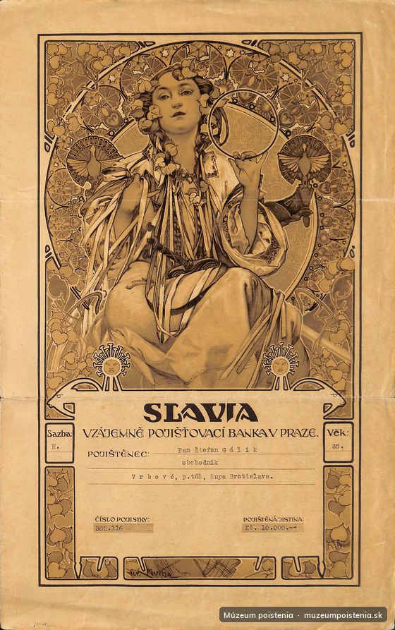 Životná poistka vzájomnej poisťovacej banky Slavia v Prahe uzatvorená 1. novembra 1925. Na prednej strane je z