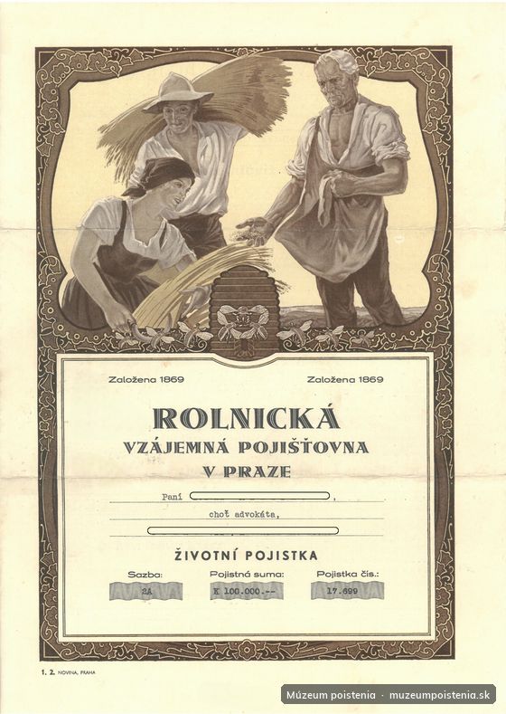 Predná strana životného poistenia od Rolníckej vzájomnej poisťovne v Prahe.