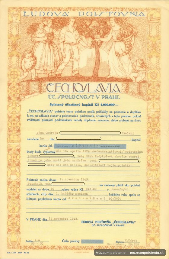 Poistná zmluva spoločnosti Ľudová poisťovňa Čechoslávia, účastinná spoločnosť v Prahe, uzavretá 15. novembra 1