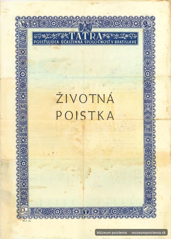 Tatra život 1942 - Predná strana tlačiva životného poistenia poisťovne Tatra, poisťujúca účastinná spoločnosť 