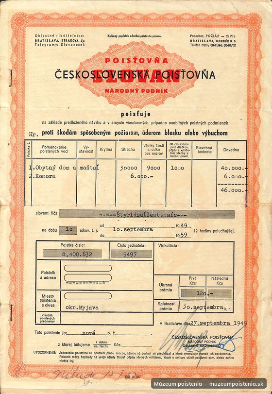 Poistná zmluva vydaná Československou poisťovňou, národným podnikom na tlačive poisťovne Slovan (Bratislava, 1