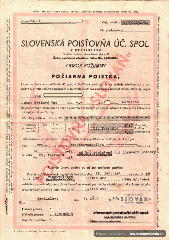 Poistná zmluva na krytie škody spôsobenej požiarom, výbuchom či úderom blesku, vystavená poisťovňou Slovan na 