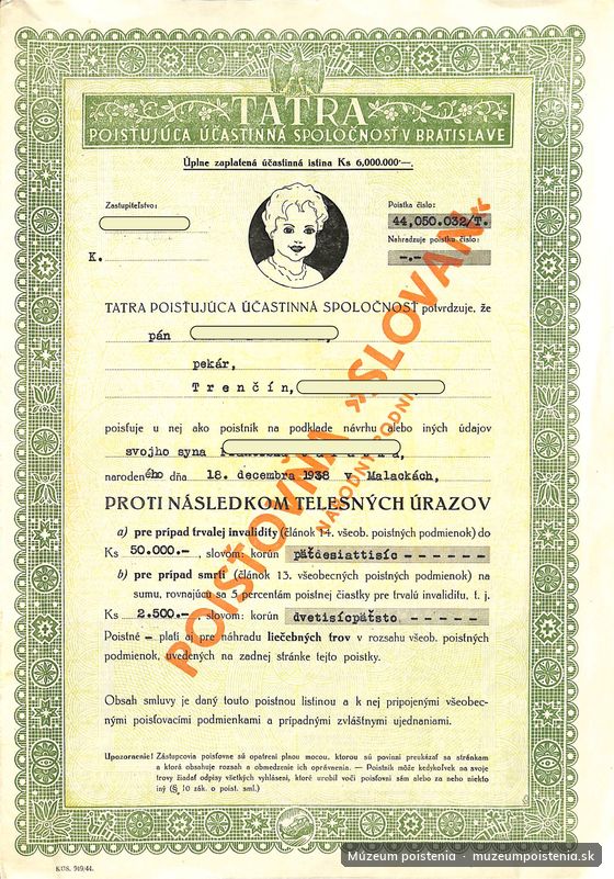 Tatra poisťujúca účastinná spoločnosť – Úrazové poistenie dieťaťa (Trenčín, 1946).