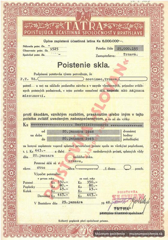 Poistenie skla proti rozbitiu, prasknutiu a iným škodám (Trnava, 1948) poisťovne Slovan, národný podnik, na tl