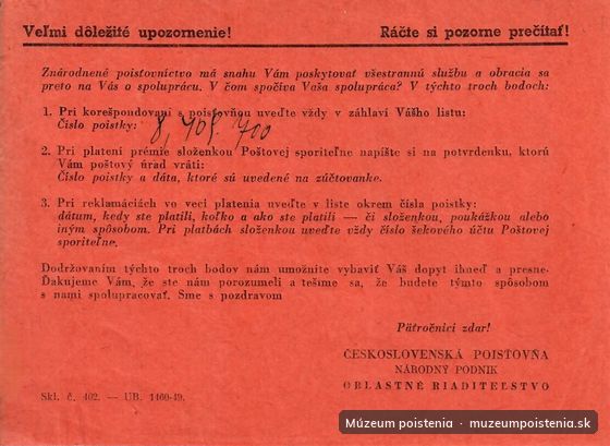 Tento informačný leták Československej poisťovne, národného podniku, vznikol v období po znárodnení poisťovníc
