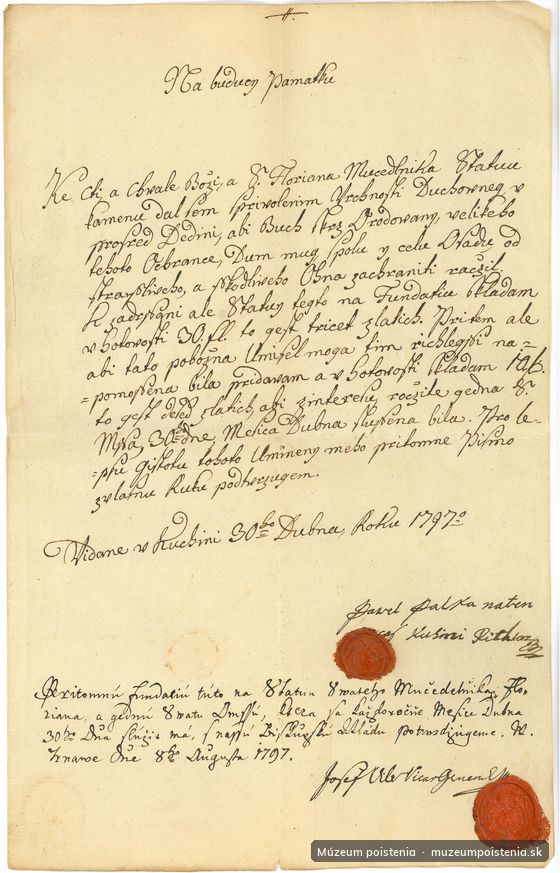 Fundácia z roku 1792 z obce Lubina predstavuje zbierku na sochu sv. Floriána, patróna hasičov, s cieľom ochran