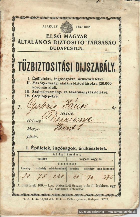 Tűzbiztosítási díjszabály (Sadzobník poistenia proti požiaru) vydané Első Magyar Általános Biztosító Társaság 