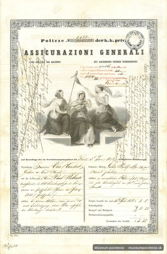 Životná poistná zmluva spoločnosti Assicurazioni Generali z Terstu, vystavená dňa 3. júna 1852.